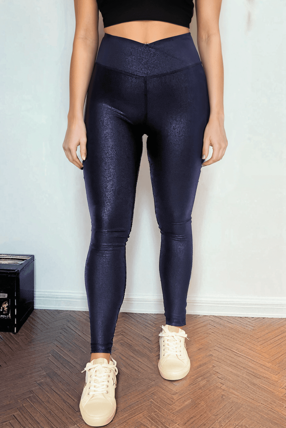 image-Black Crossed Dip Waist Sleek Leather Leggings