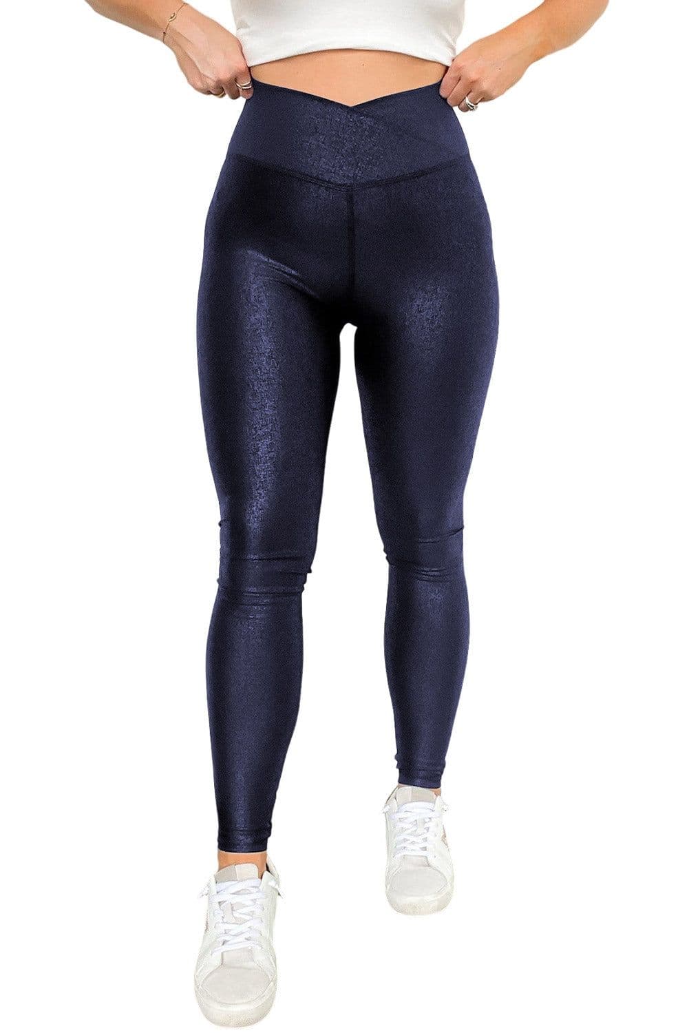 image-Black Crossed Dip Waist Sleek Leather Leggings