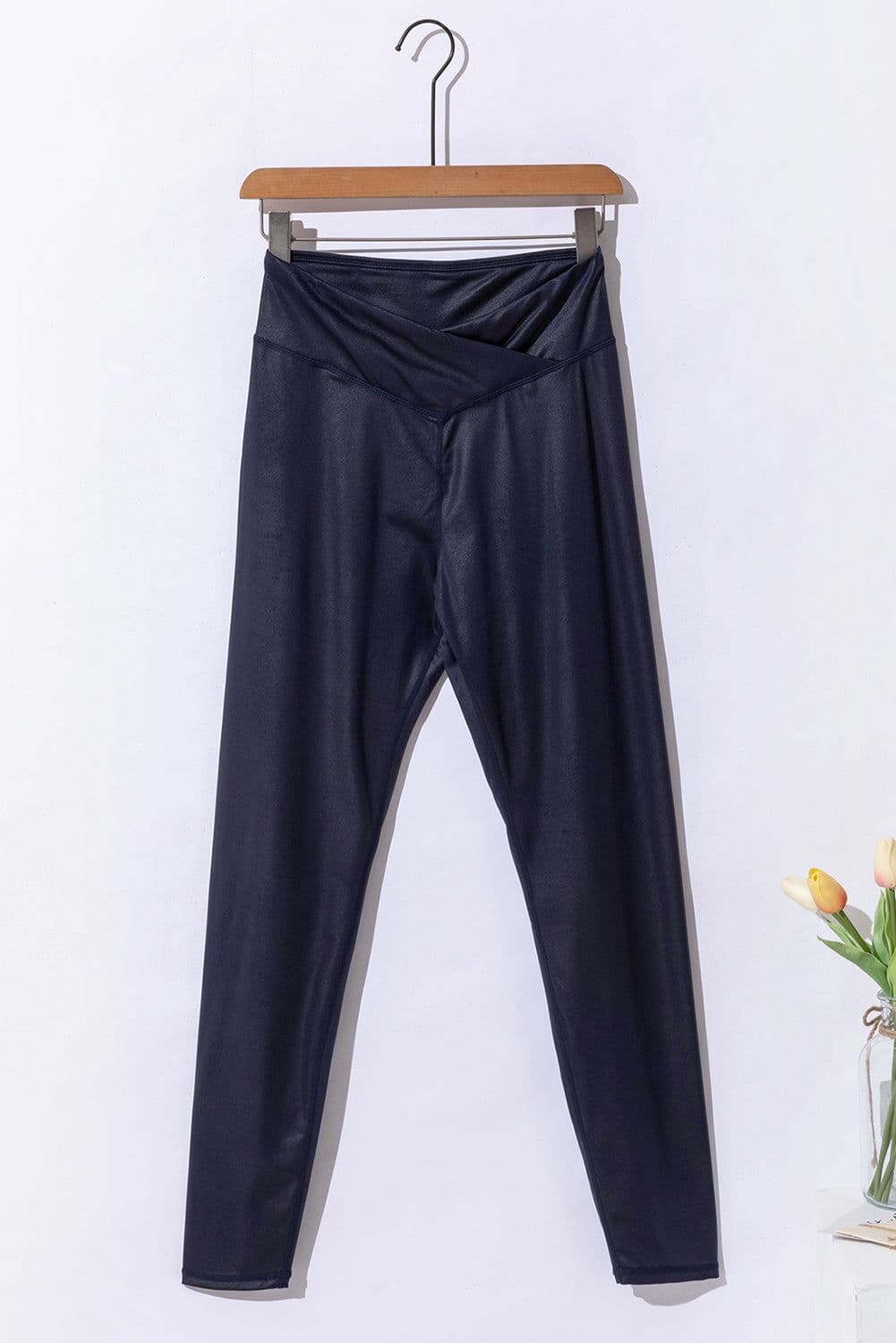 image-Black Crossed Dip Waist Sleek Leather Leggings