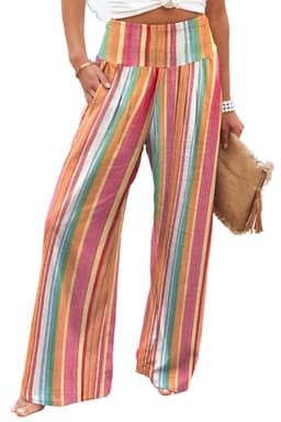 image-Multicolor Striped Smocked High Waist Wide Leg Pants