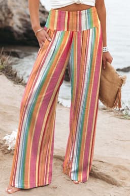 image-Multicolor Striped Smocked High Waist Wide Leg Pants