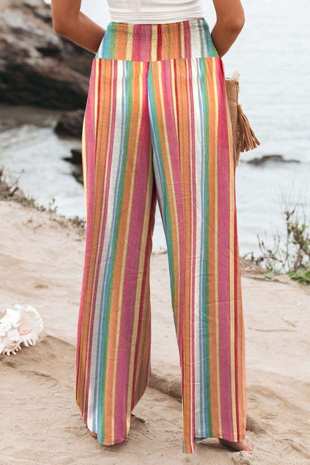 image-Multicolor Striped Smocked High Waist Wide Leg Pants