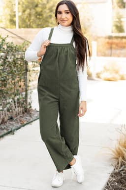 image-Jungle Green Solid Pocketed Loose Fit Corduroy Overall