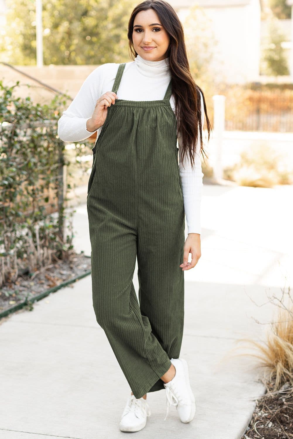 image-Jungle Green Solid Pocketed Loose Fit Corduroy Overall