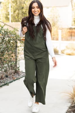image-Jungle Green Solid Pocketed Loose Fit Corduroy Overall