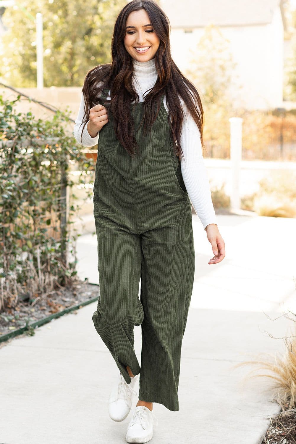 image-Jungle Green Solid Pocketed Loose Fit Corduroy Overall