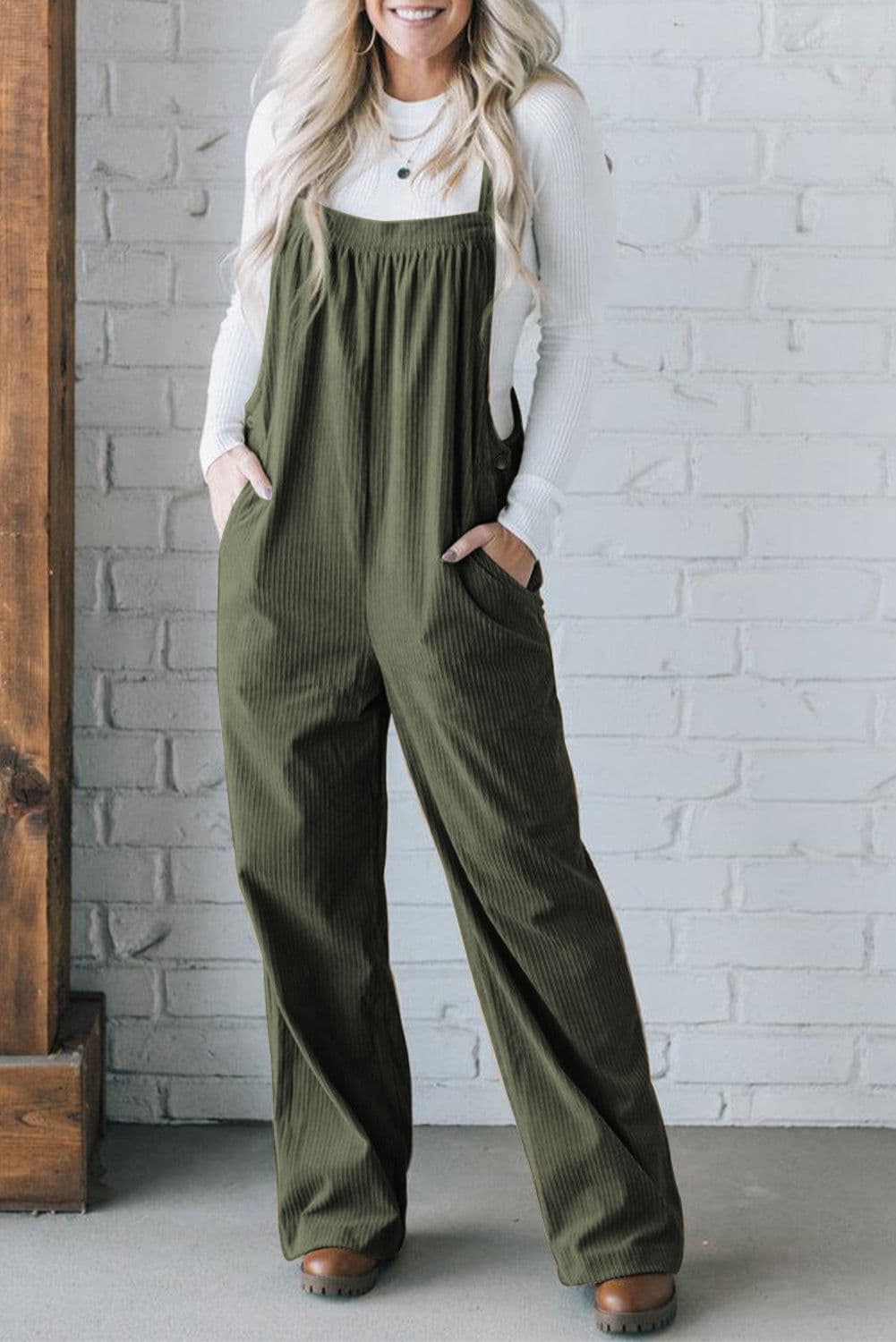 image-Jungle Green Solid Pocketed Loose Fit Corduroy Overall