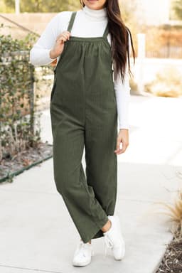 image-Jungle Green Solid Pocketed Loose Fit Corduroy Overall