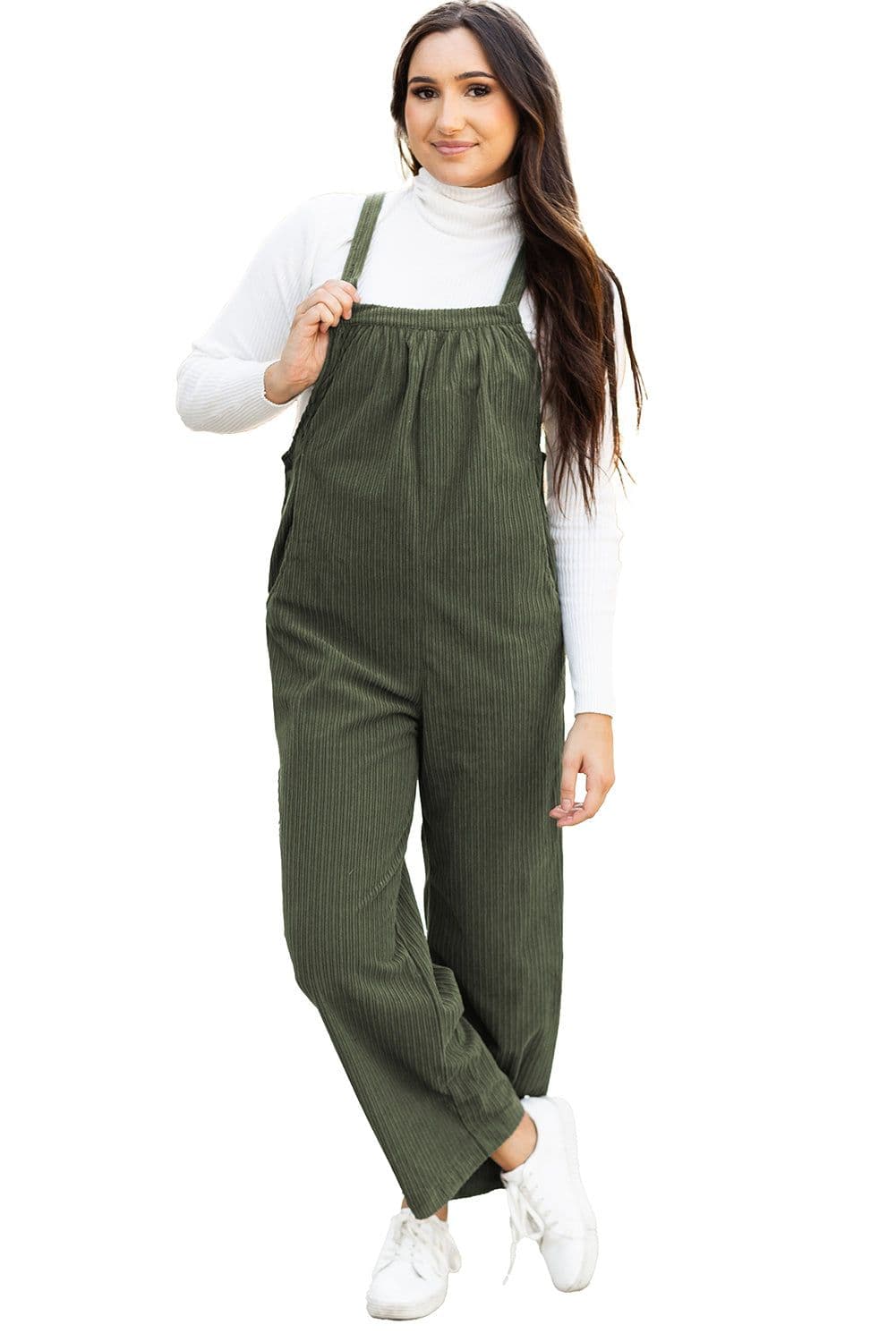 image-Jungle Green Solid Pocketed Loose Fit Corduroy Overall