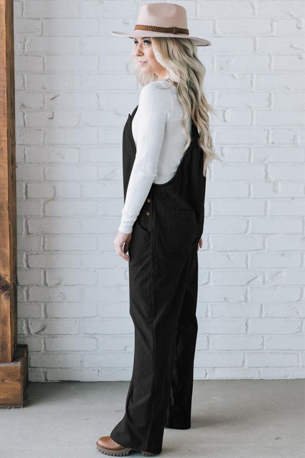 image-Jungle Green Solid Pocketed Loose Fit Corduroy Overall