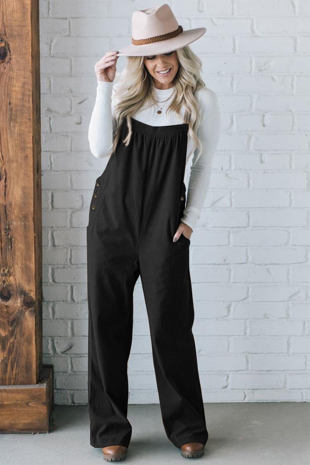 image-Jungle Green Solid Pocketed Loose Fit Corduroy Overall