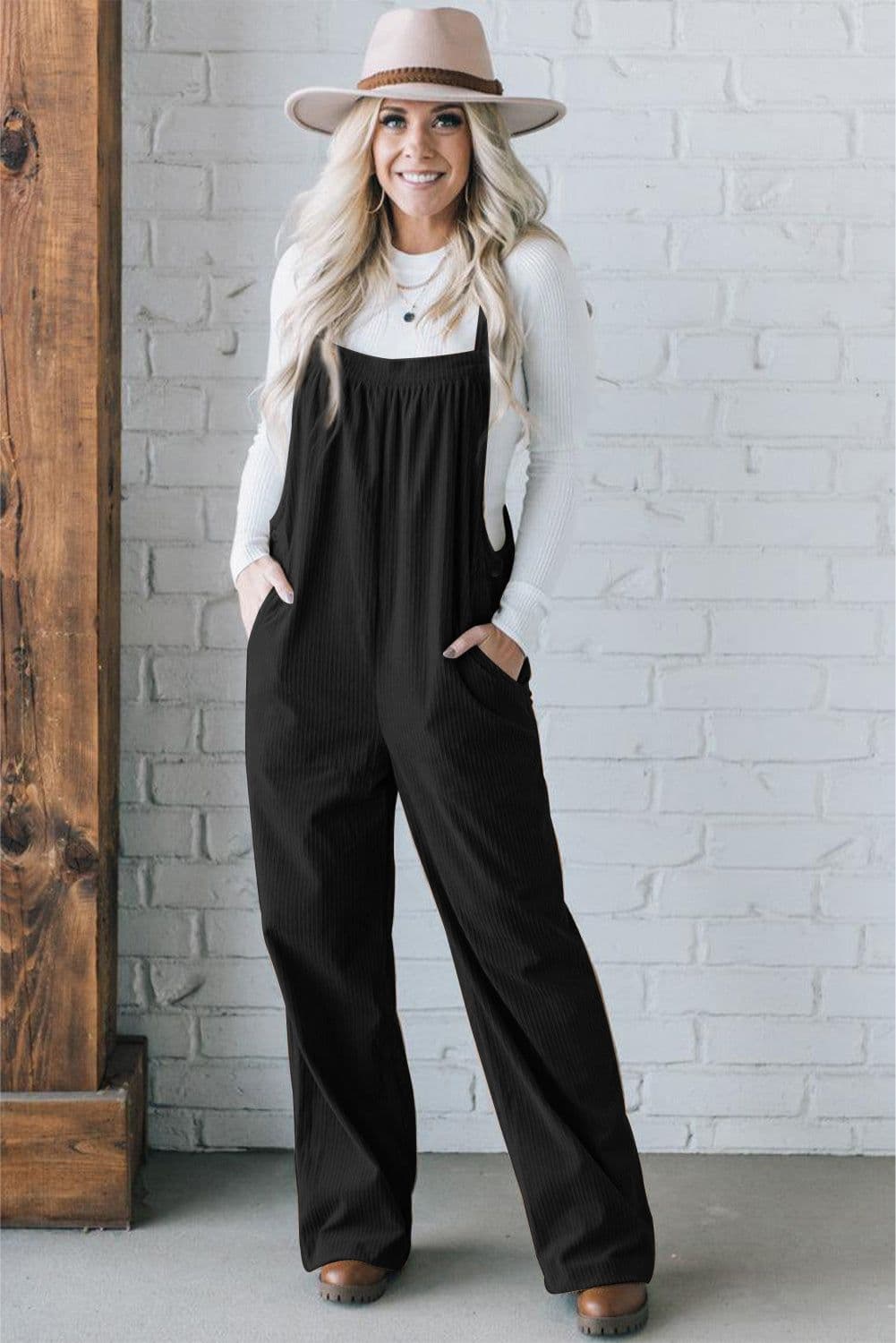 image-Jungle Green Solid Pocketed Loose Fit Corduroy Overall