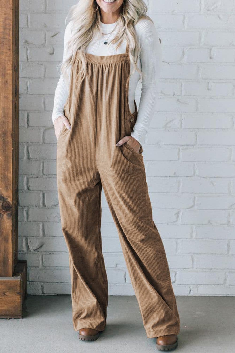 image-Jungle Green Solid Pocketed Loose Fit Corduroy Overall