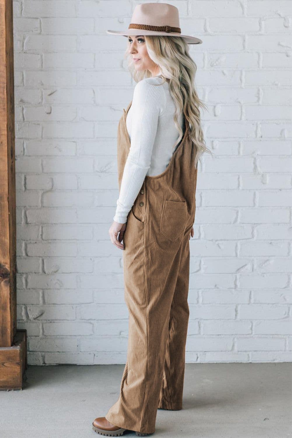 image-Jungle Green Solid Pocketed Loose Fit Corduroy Overall