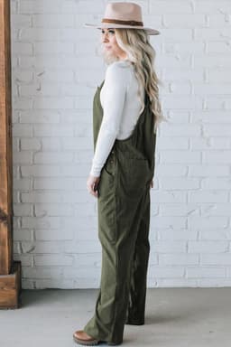 image-Jungle Green Solid Pocketed Loose Fit Corduroy Overall