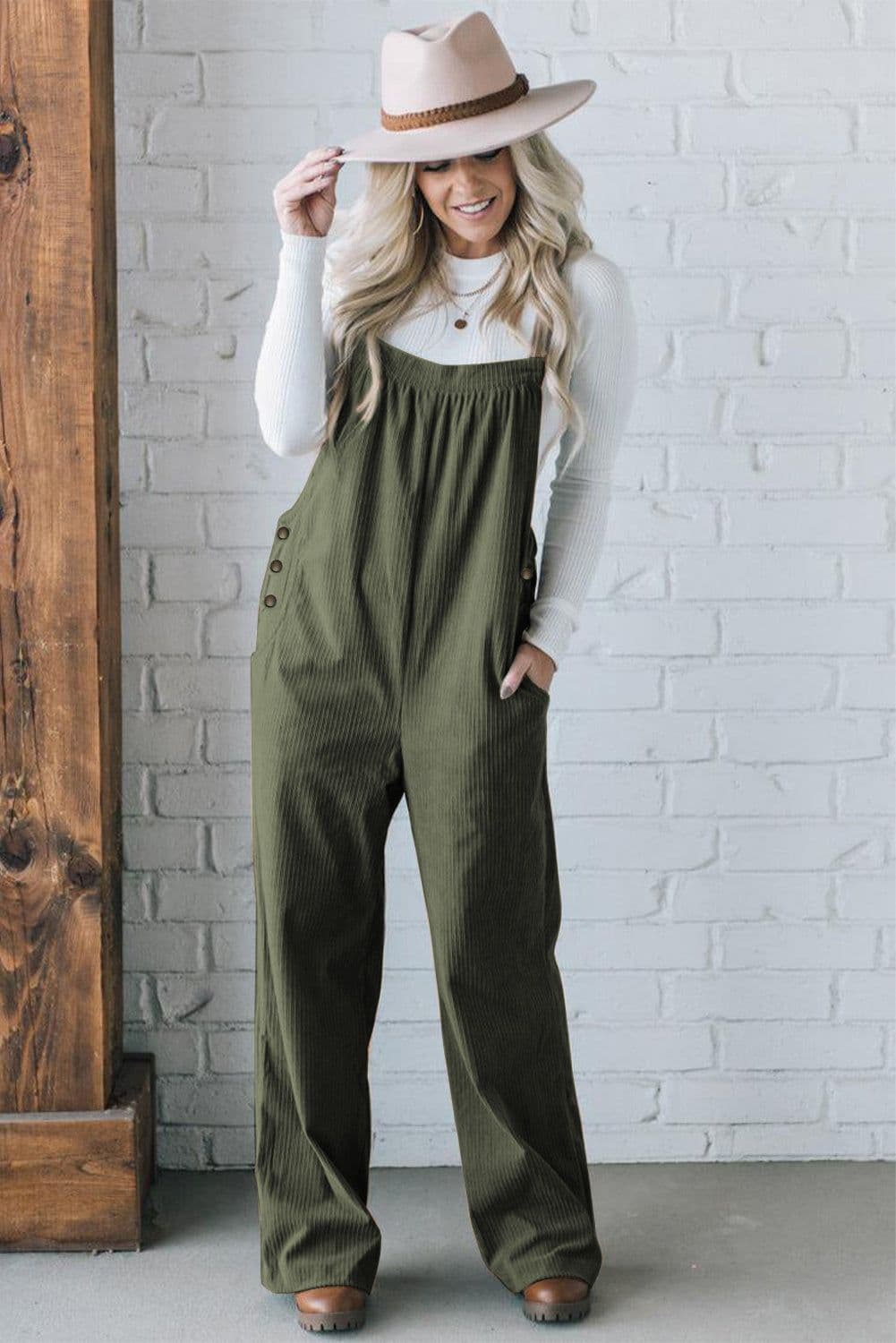 image-Jungle Green Solid Pocketed Loose Fit Corduroy Overall