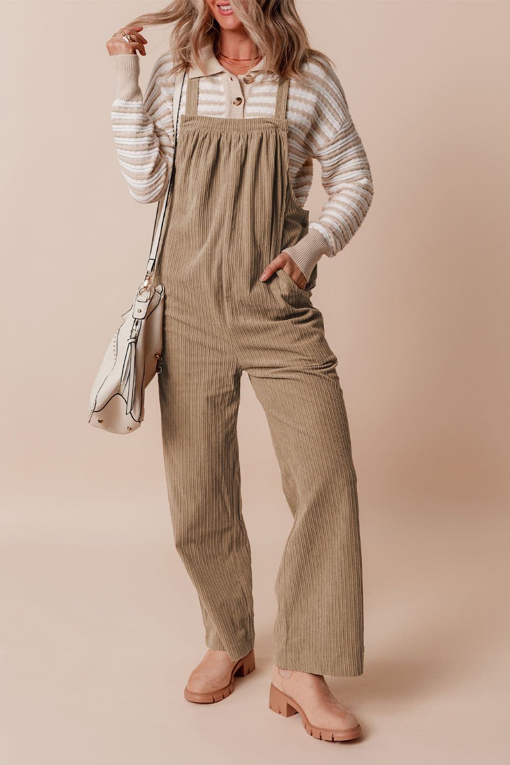 image-Jungle Green Solid Pocketed Loose Fit Corduroy Overall