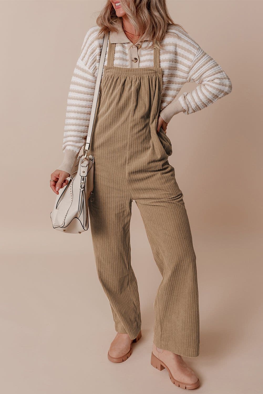 image-Jungle Green Solid Pocketed Loose Fit Corduroy Overall