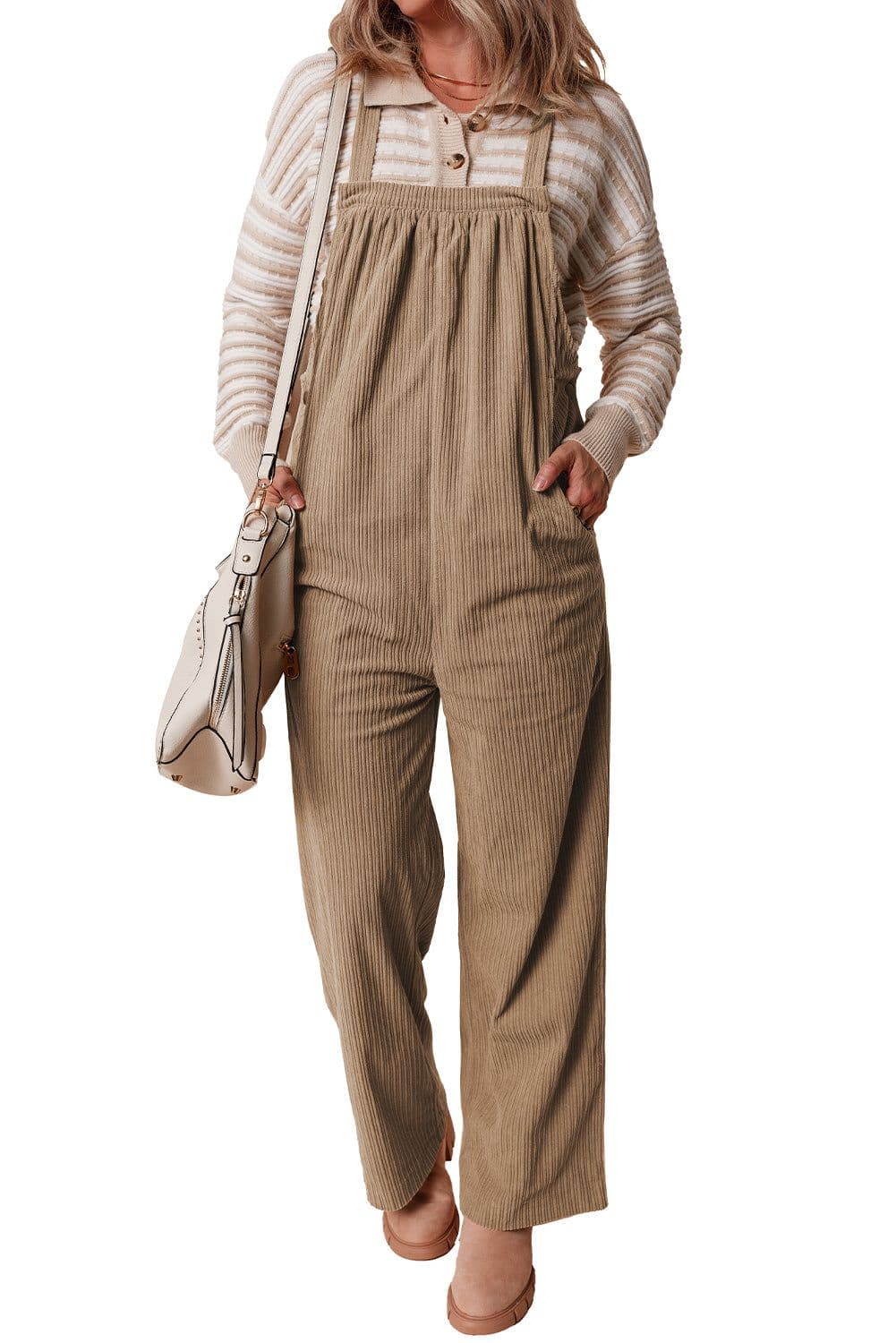image-Jungle Green Solid Pocketed Loose Fit Corduroy Overall