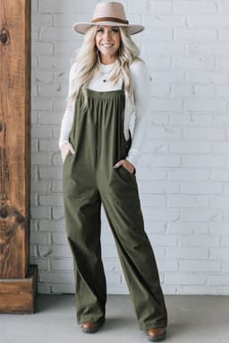 image-Jungle Green Solid Pocketed Loose Fit Corduroy Overall
