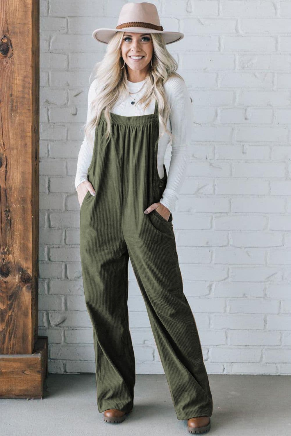 image-Jungle Green Solid Pocketed Loose Fit Corduroy Overall