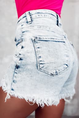 image-Light Blue Acid Wash Crossed Raw Edge Denim Shorts