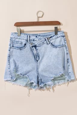 image-Light Blue Acid Wash Crossed Raw Edge Denim Shorts