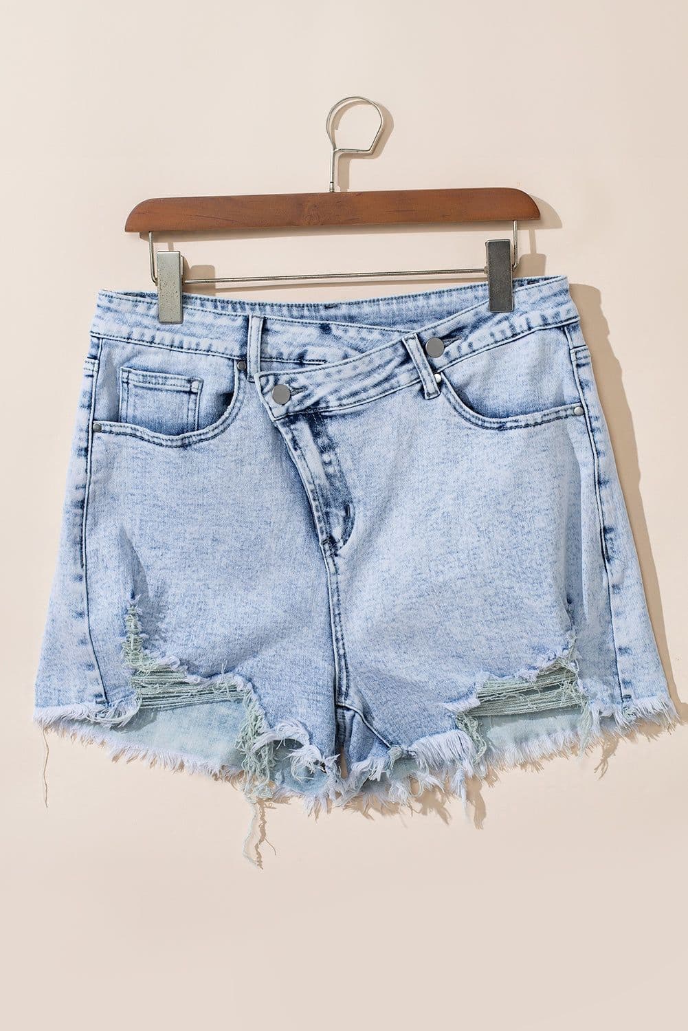 image-Light Blue Acid Wash Crossed Raw Edge Denim Shorts