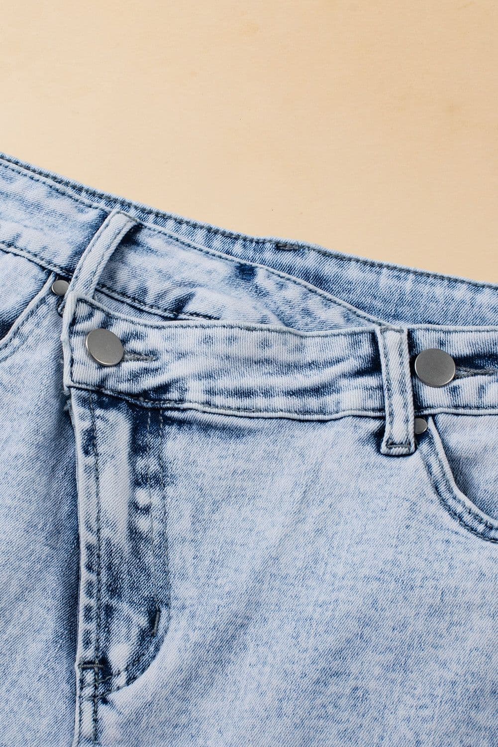 image-Light Blue Acid Wash Crossed Raw Edge Denim Shorts