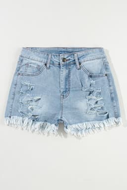 image-Light Blue Distressed Ripped Raw Hem High Waist Denim Shorts