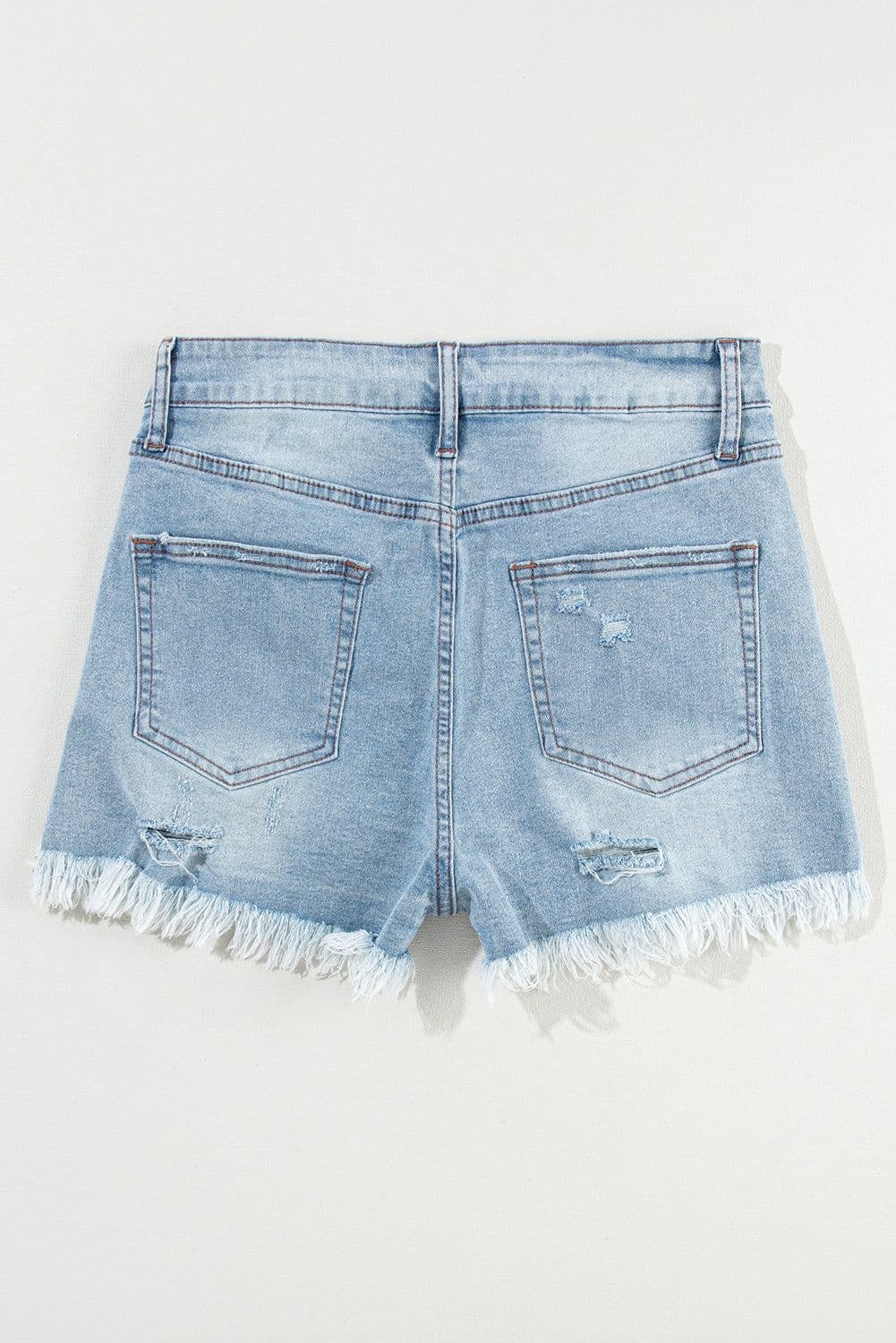 image-Light Blue Distressed Ripped Raw Hem High Waist Denim Shorts
