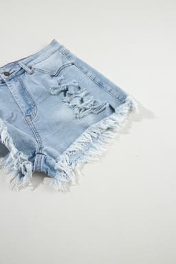 image-Light Blue Distressed Ripped Raw Hem High Waist Denim Shorts
