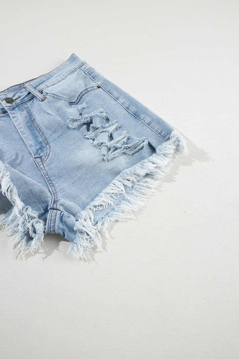 image-Light Blue Distressed Ripped Raw Hem High Waist Denim Shorts