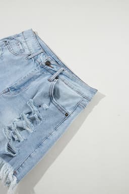 image-Light Blue Distressed Ripped Raw Hem High Waist Denim Shorts