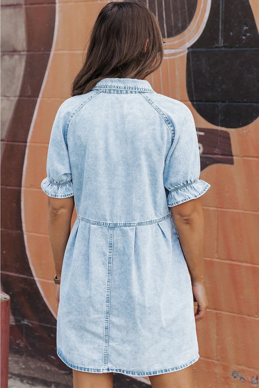 image-Beau Blue Mineral Wash Ruffled Short Sleeve Buttoned Denim Dress