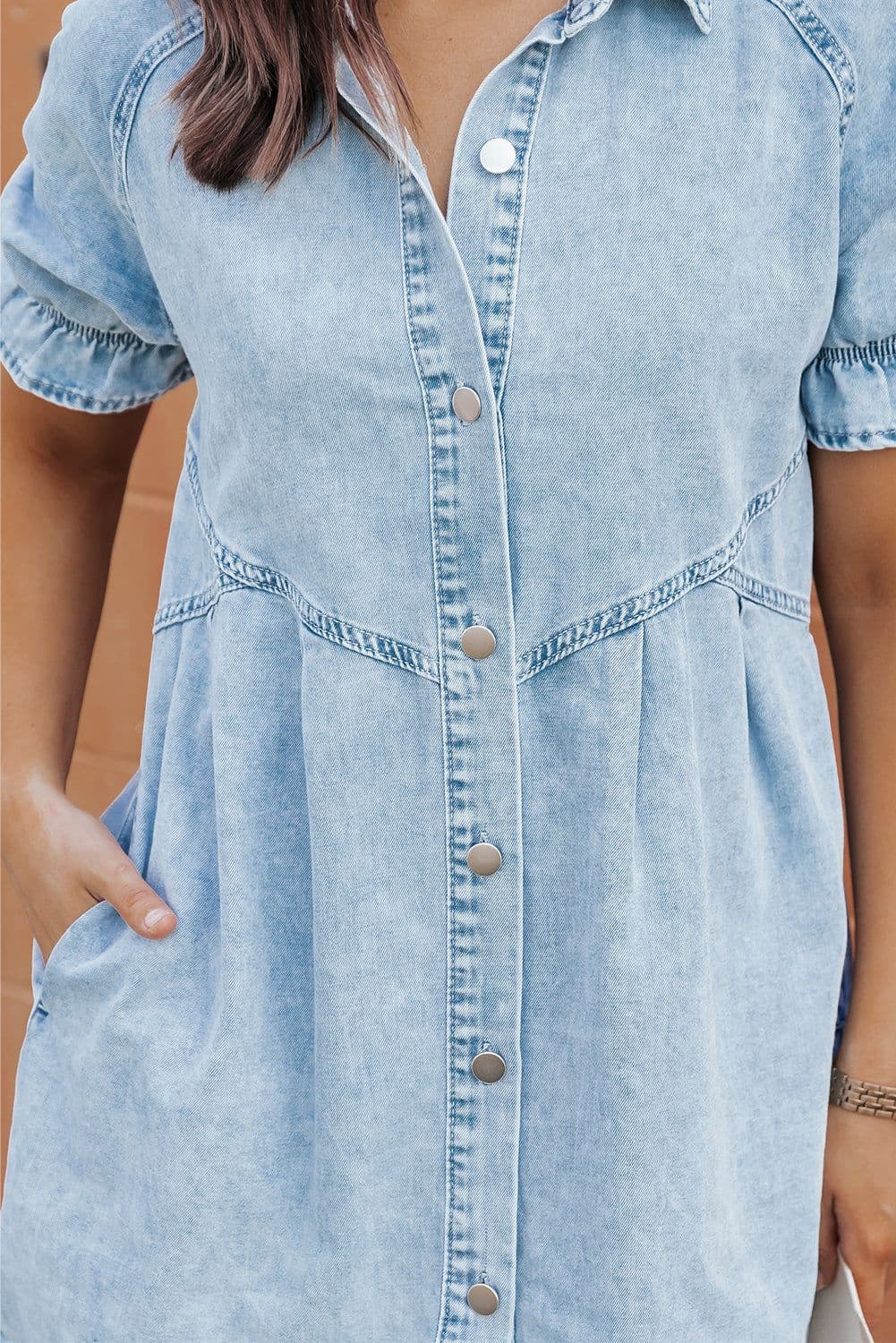 image-Beau Blue Mineral Wash Ruffled Short Sleeve Buttoned Denim Dress