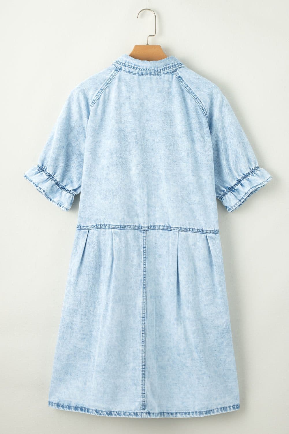 image-Beau Blue Mineral Wash Ruffled Short Sleeve Buttoned Denim Dress