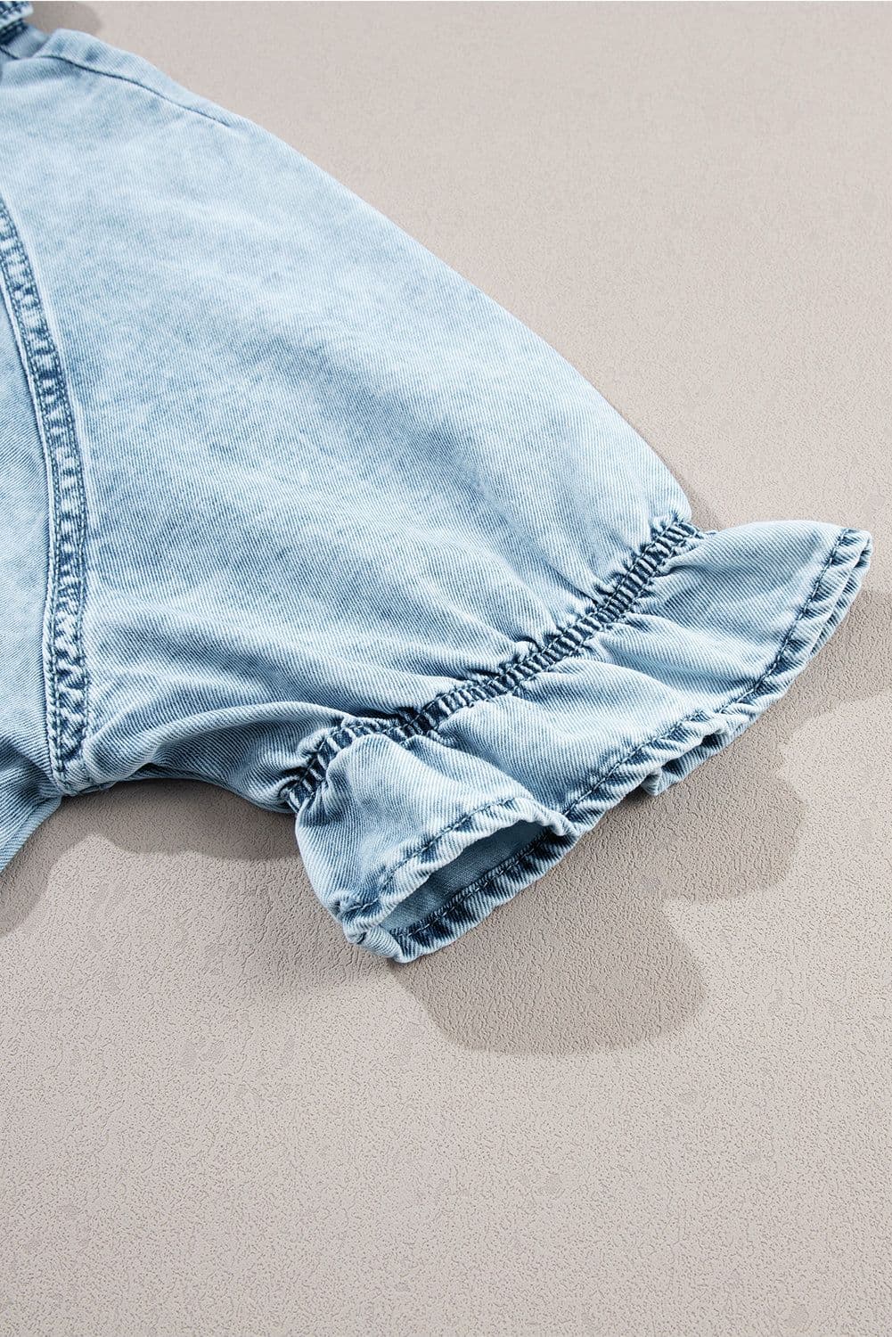 image-Beau Blue Mineral Wash Ruffled Short Sleeve Buttoned Denim Dress