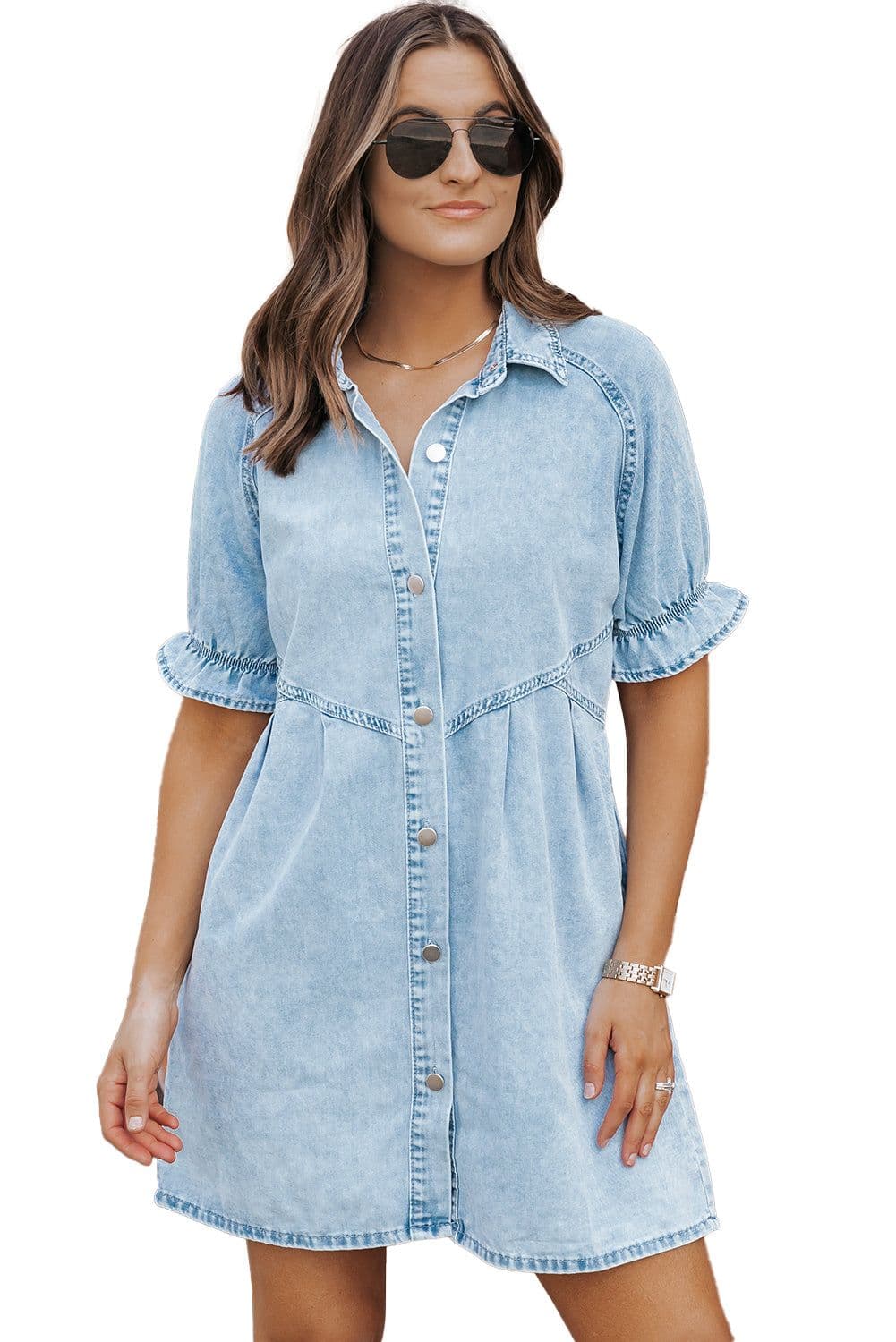 image-Beau Blue Mineral Wash Ruffled Short Sleeve Buttoned Denim Dress