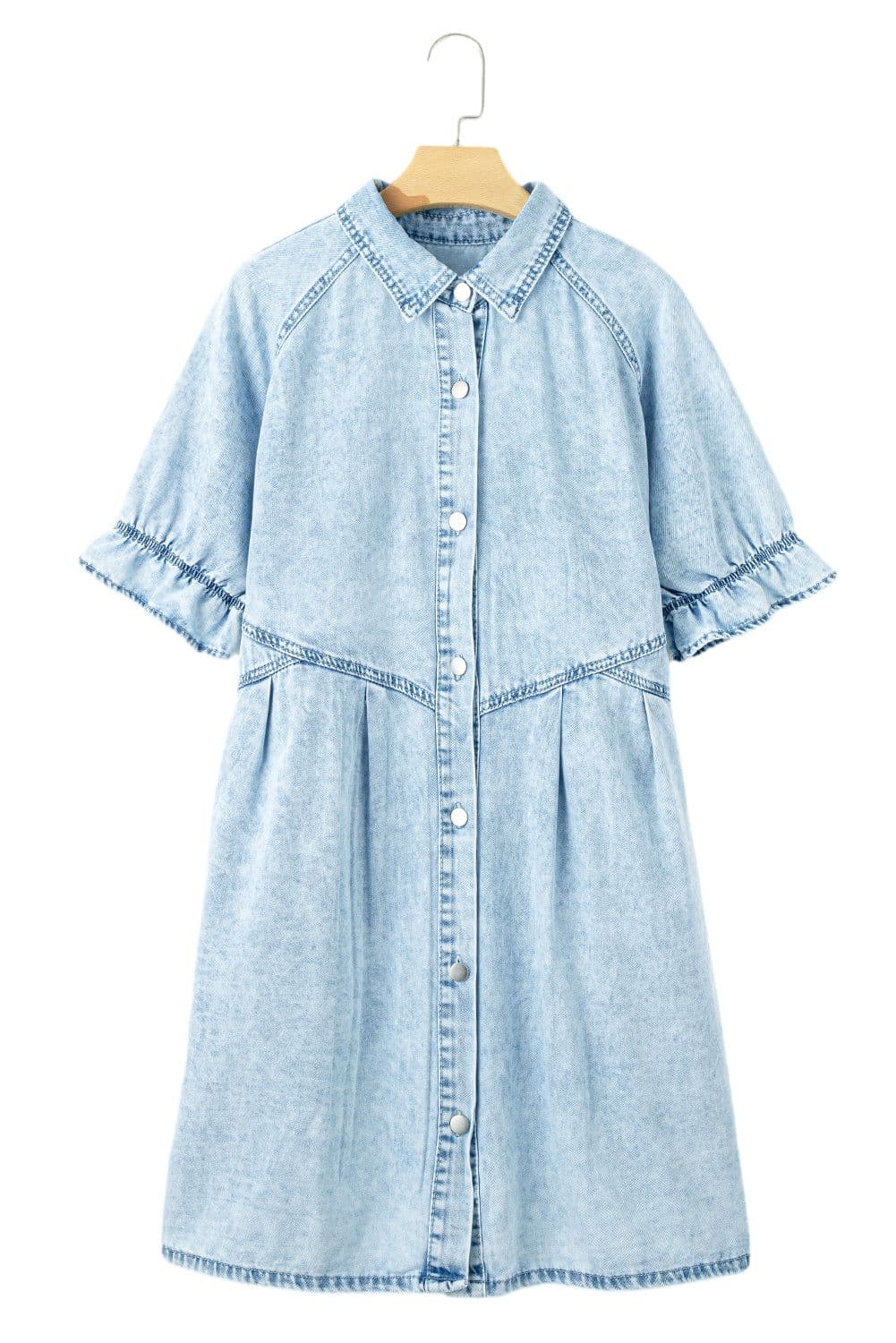 image-Beau Blue Mineral Wash Ruffled Short Sleeve Buttoned Denim Dress