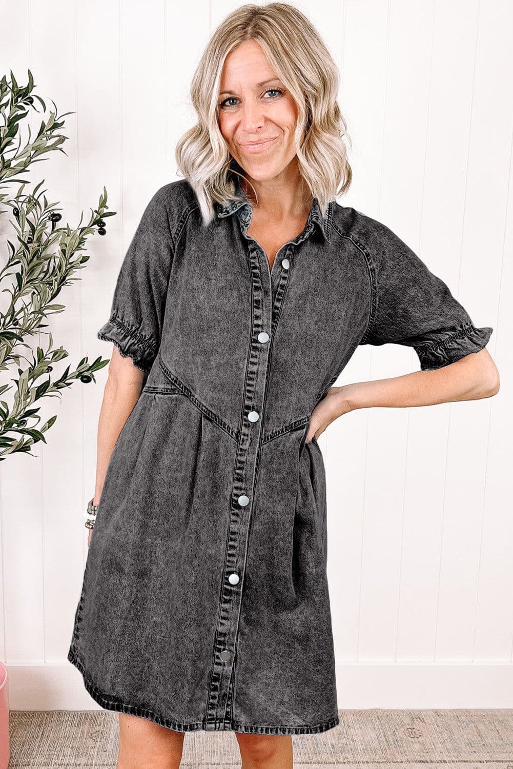 image-Beau Blue Mineral Wash Ruffled Short Sleeve Buttoned Denim Dress