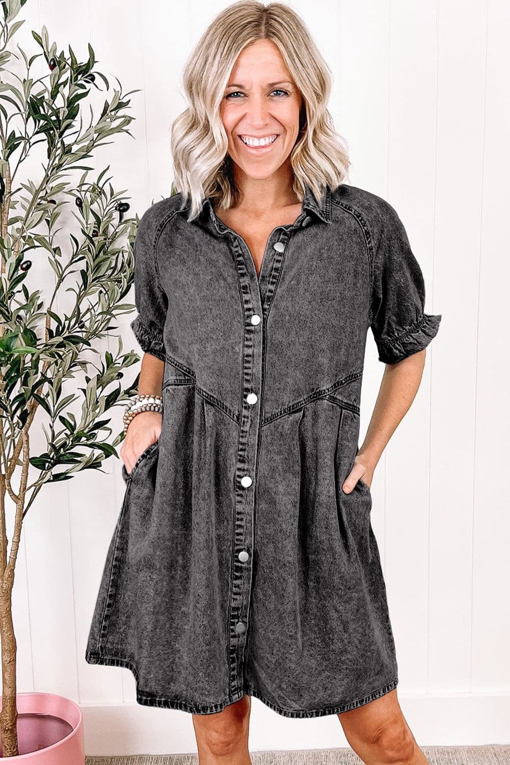 image-Beau Blue Mineral Wash Ruffled Short Sleeve Buttoned Denim Dress