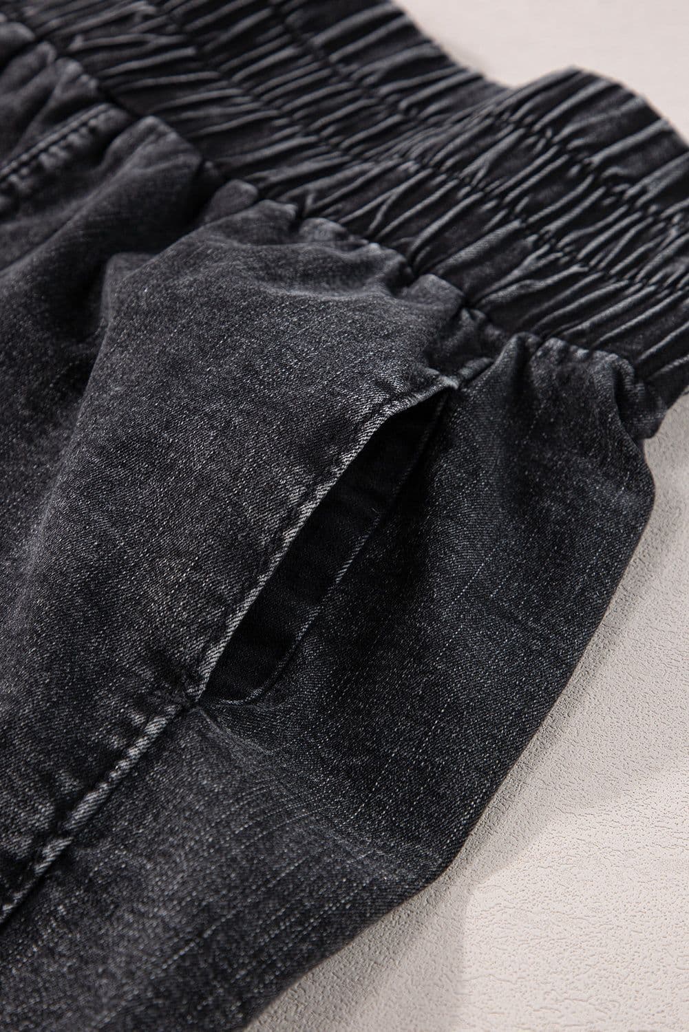 image-Black Smocked High Waist Mineral Washed Jean Shorts