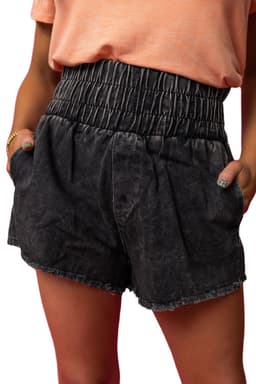 image-Black Smocked High Waist Mineral Washed Jean Shorts