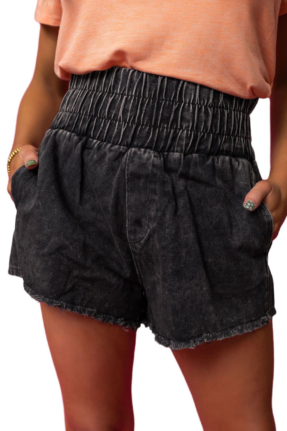 image-Black Smocked High Waist Mineral Washed Jean Shorts