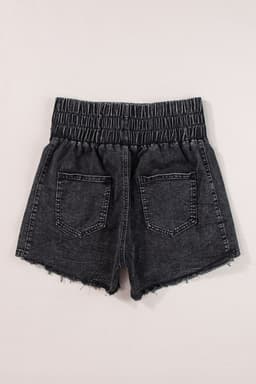 image-Black Smocked High Waist Mineral Washed Jean Shorts