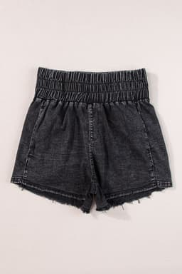 image-Black Smocked High Waist Mineral Washed Jean Shorts