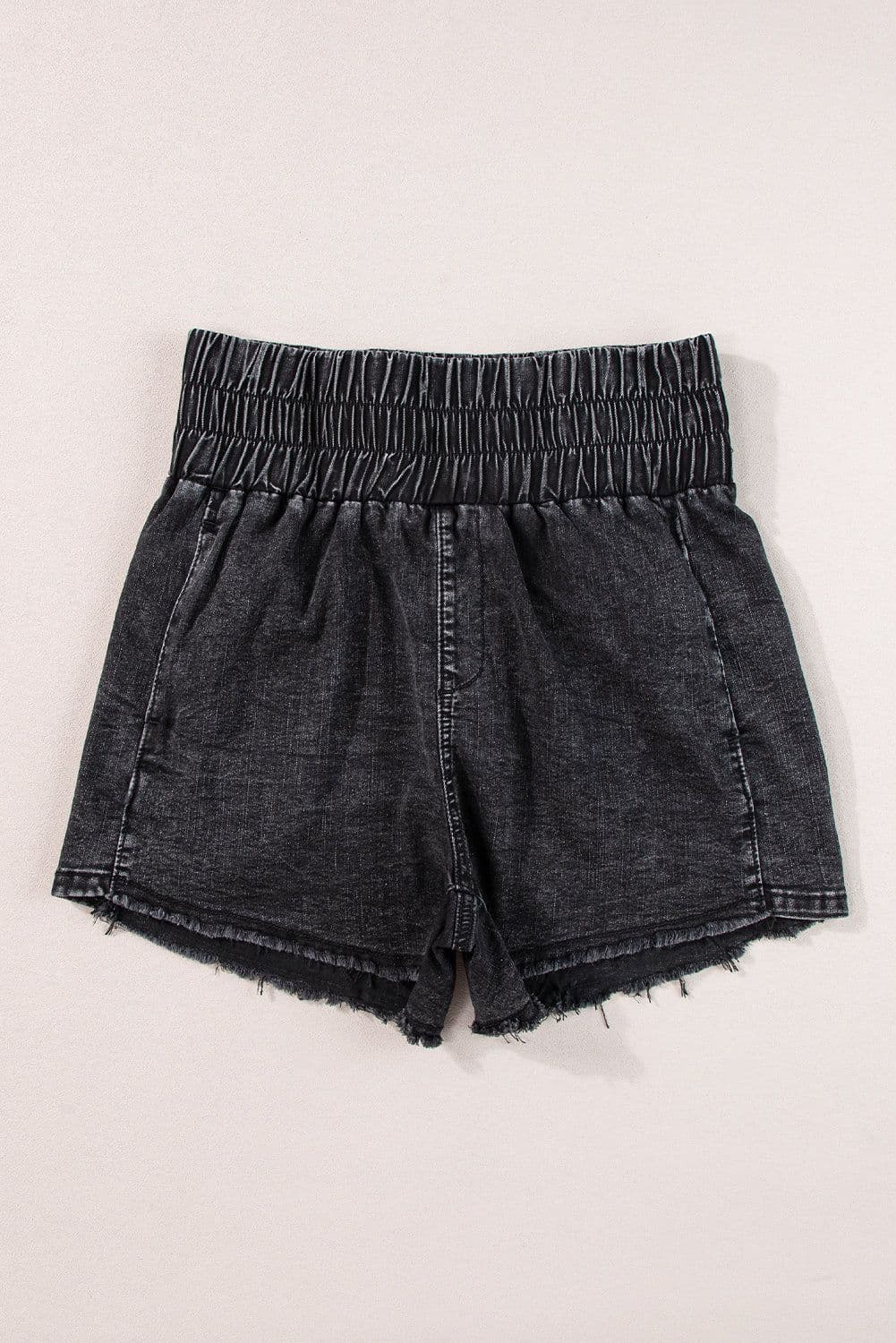 image-Black Smocked High Waist Mineral Washed Jean Shorts