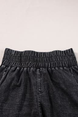 image-Black Smocked High Waist Mineral Washed Jean Shorts