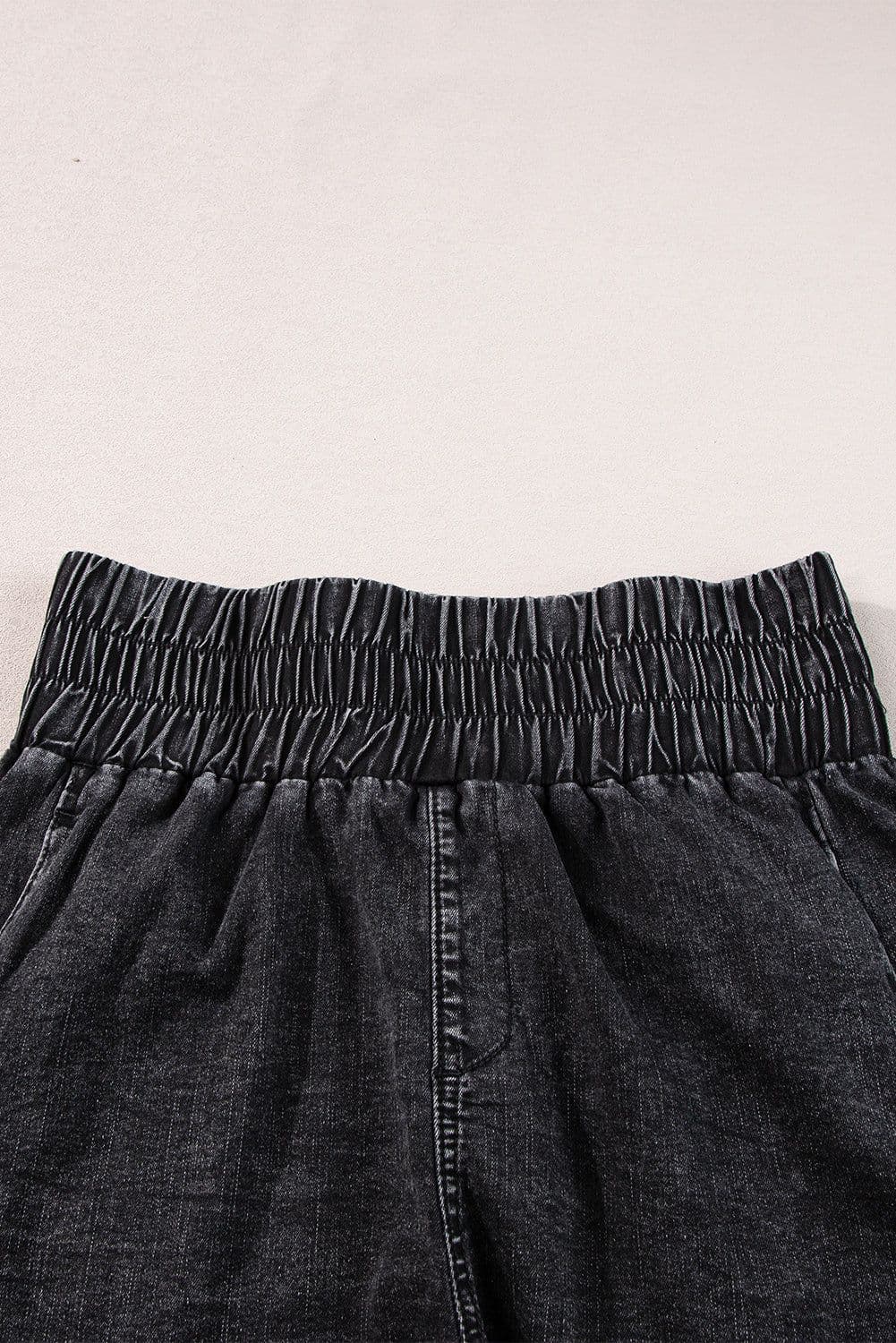 image-Black Smocked High Waist Mineral Washed Jean Shorts